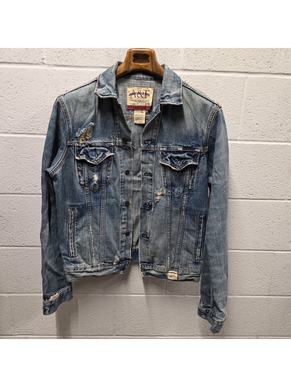 Vintage Abercrombie & Fitch Y2K Distressed Denim Trucker Jacket Mens L 22x27